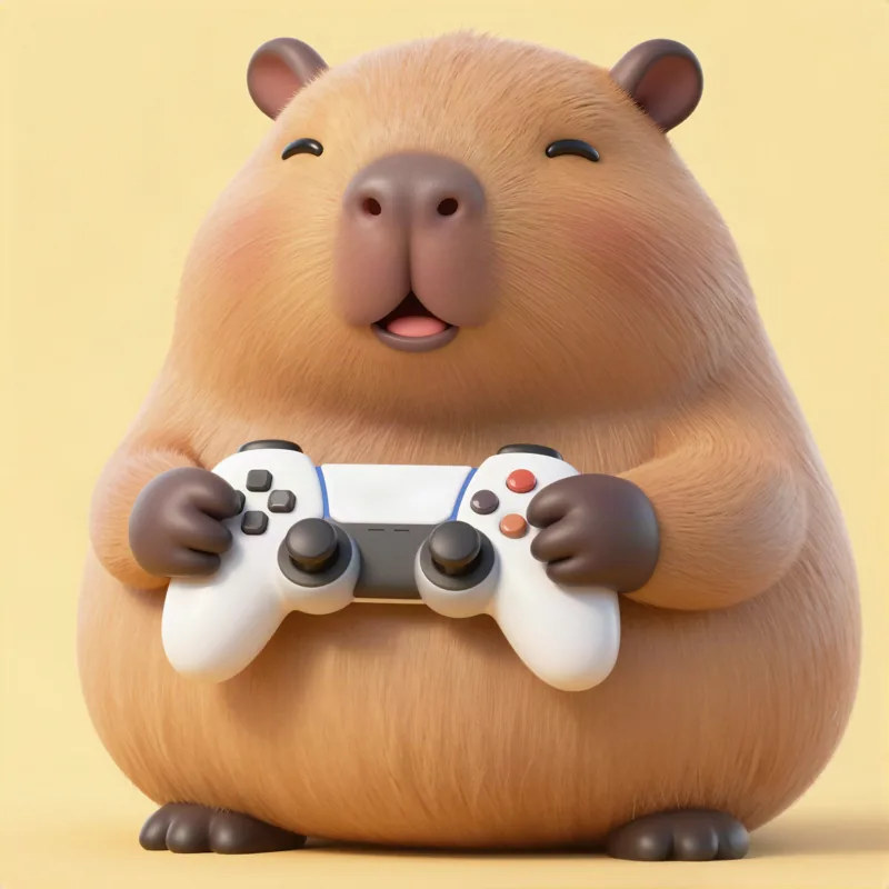 Capivara 3D segurando um controle de videogame